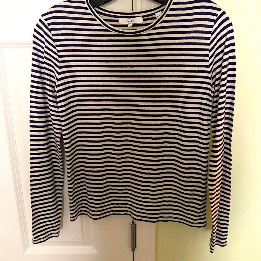 Vince navy and cream striped silk and viscose long sleeve tee shirt.